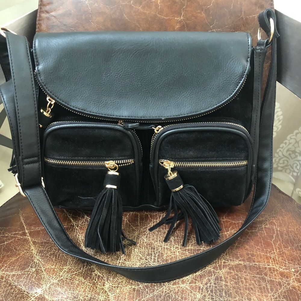 LD black vegan black leather/ suede crossbody bag